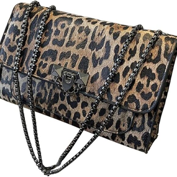 Neiman Marcus Light Brown Leopard Print Metal Buckle Chain Shoulder Bag - Picture 4 of 4